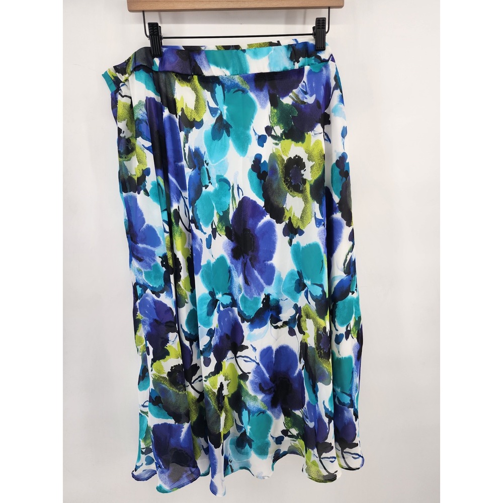 Laura‎ Ashley Petite XL Blue Green Floral Chiffon Midi Skirt PXL Watercolor